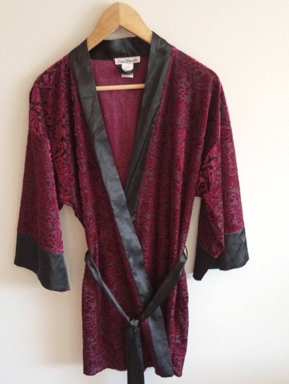 Linea Donatella Burgundy Velvet Burnout Kimono Robe Black Trim Size Medium